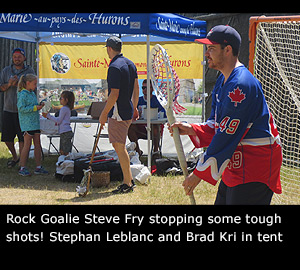 Rock Goalie Steve Fry stopping some tough shots! Stephan Leblanc and Brad Kri in tent