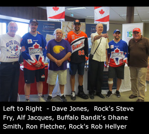 Presenters from Left to Right  - Dave Jones,  Toronto Rock's Steve Fry, Alf Jacques, Buffalo Bandit's Dhane Smith, Ron Fletcher, Rock's Rob Hellyer