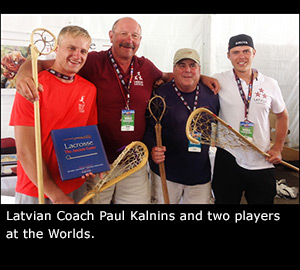 Latvian Coach Paul Kalnins and two players at the Worlds.